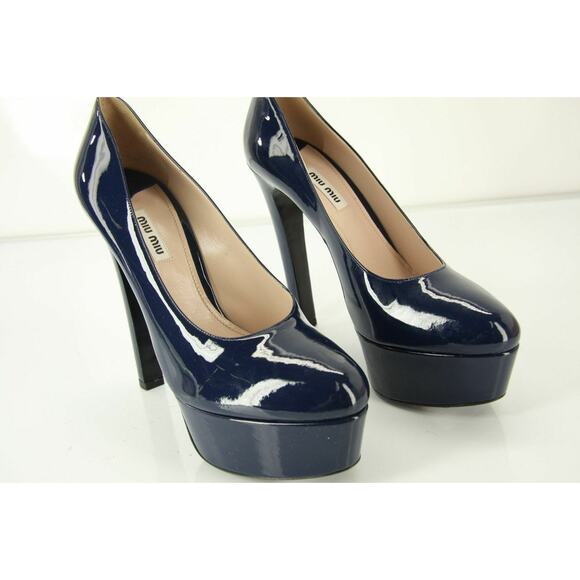 Miu Miu Navy Blue Patent Platform Almond Toe Pumps 140MM - Picture 8 of 11